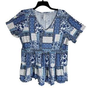 Just Be Women Plaid Patchwork Paisley Top Size 3X Blue Country‎ Western Casual